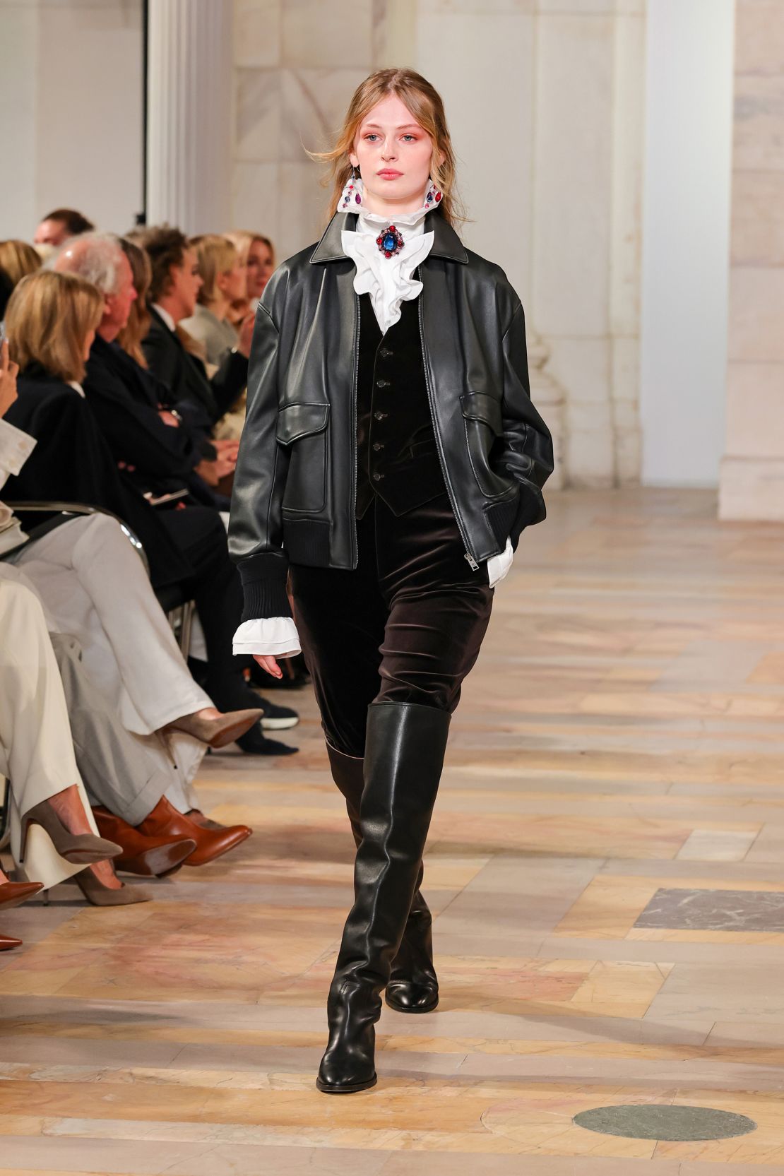 The show featured eclectic styles including outerwear that fused leather with brushed suede.